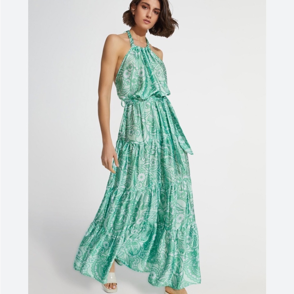 Kasia Resort Floral Green Halter Dress Size XS